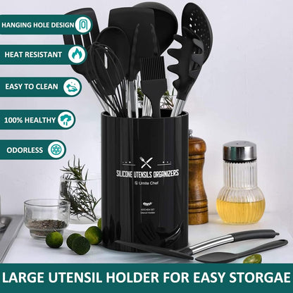 Silicone Cooking Utensil Set,  15Pcs Silicone Cooking Kitchen Utensils Set, Non-Stick - Best Kitchen Cookware with Stainless Steel Handle - Black