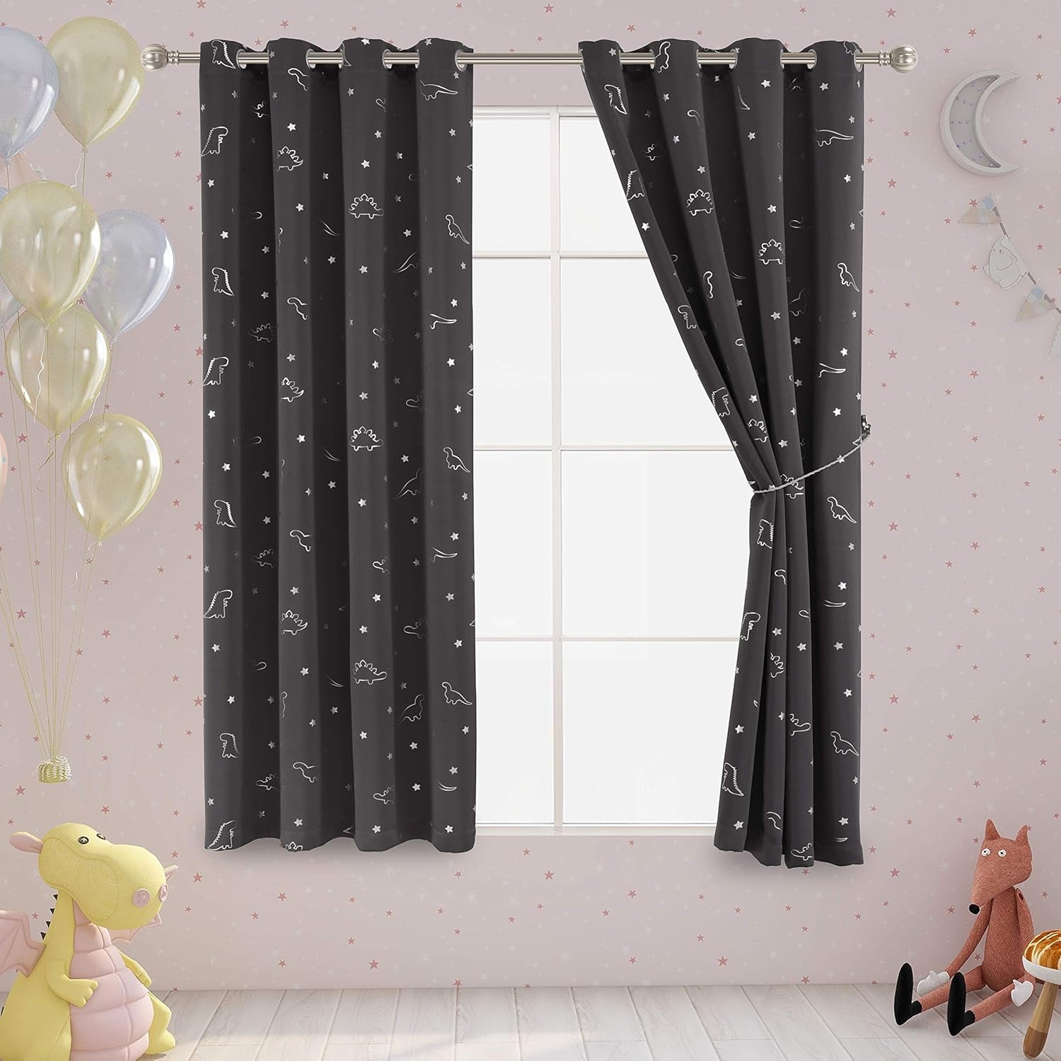 Dinosaur and Star Foil Print Blackout Curtains for Kids Room - Thermal Insulated Curtains Noise Reducing Window Drapes for Boys and Girls Bedroom, 52 X 63 Inch, Grey, Set of 2 Panels