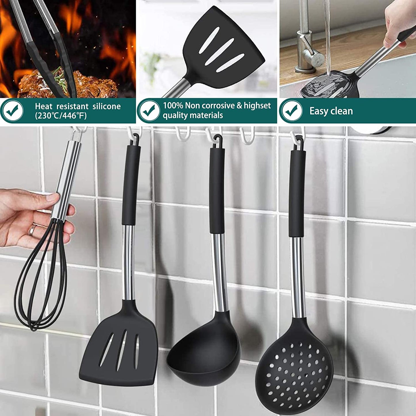 Silicone Cooking Utensil Set,  15Pcs Silicone Cooking Kitchen Utensils Set, Non-Stick - Best Kitchen Cookware with Stainless Steel Handle - Black