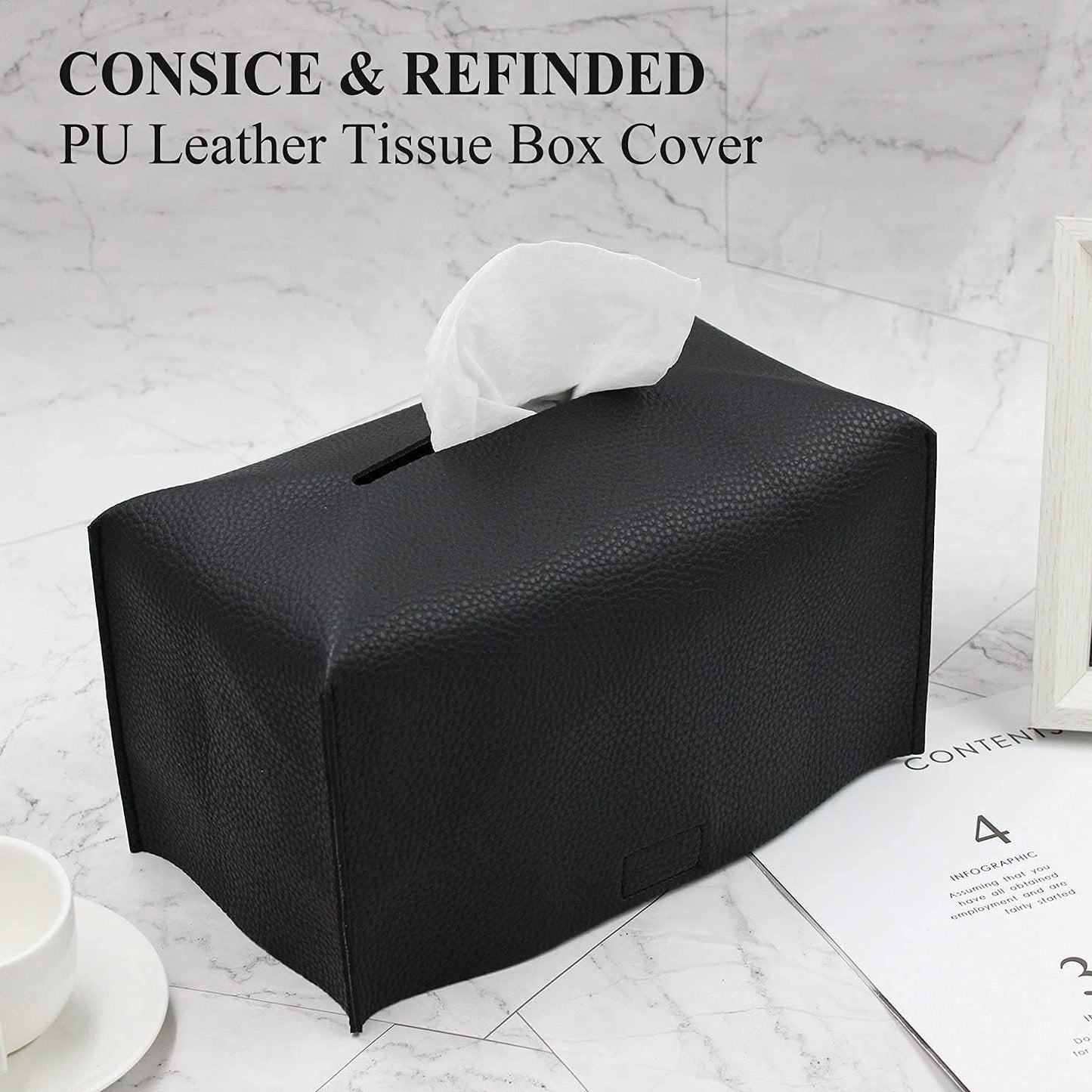 Tissue Box Cover, Modern Decorative PU Leather Rectangular Tissue Box Case Organizer Holder for Vanity Countertop, Night Stands, Livingroom, Office Desk & Car 9.5X5X5'' | Black