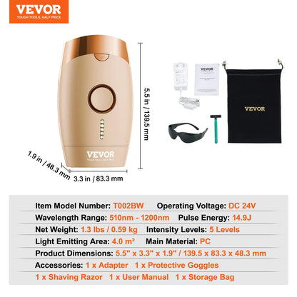 VEVOR IPL Hair Removal, Permanent Hair Removal for Women and Men, Auto/Manual Modes & 5 Adjustable Levels, Painless At-Home Hair Removal Device for Legs, Armpits, Bikini Line, Whole Body