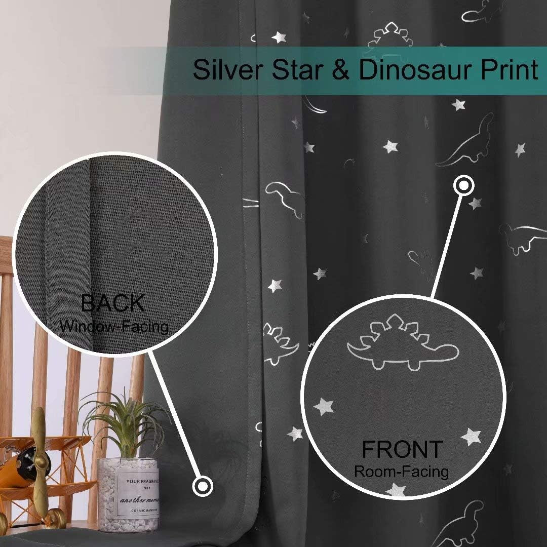 Dinosaur and Star Foil Print Blackout Curtains for Kids Room - Thermal Insulated Curtains Noise Reducing Window Drapes for Boys and Girls Bedroom, 52 X 63 Inch, Grey, Set of 2 Panels