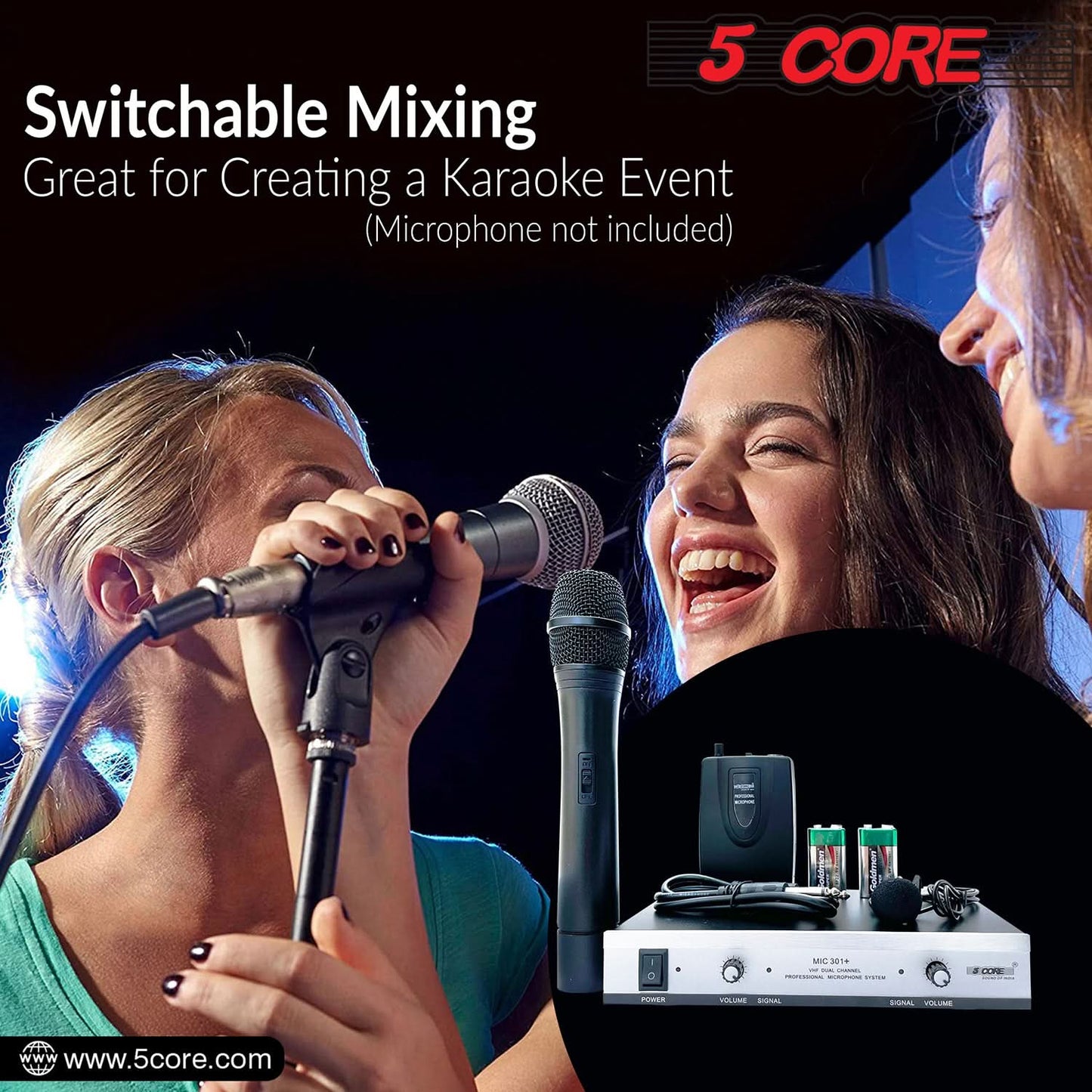 5Core Wireless Microphone VHF Handheld Microfono Inalambrico & 1 Collar Mic + Receiver