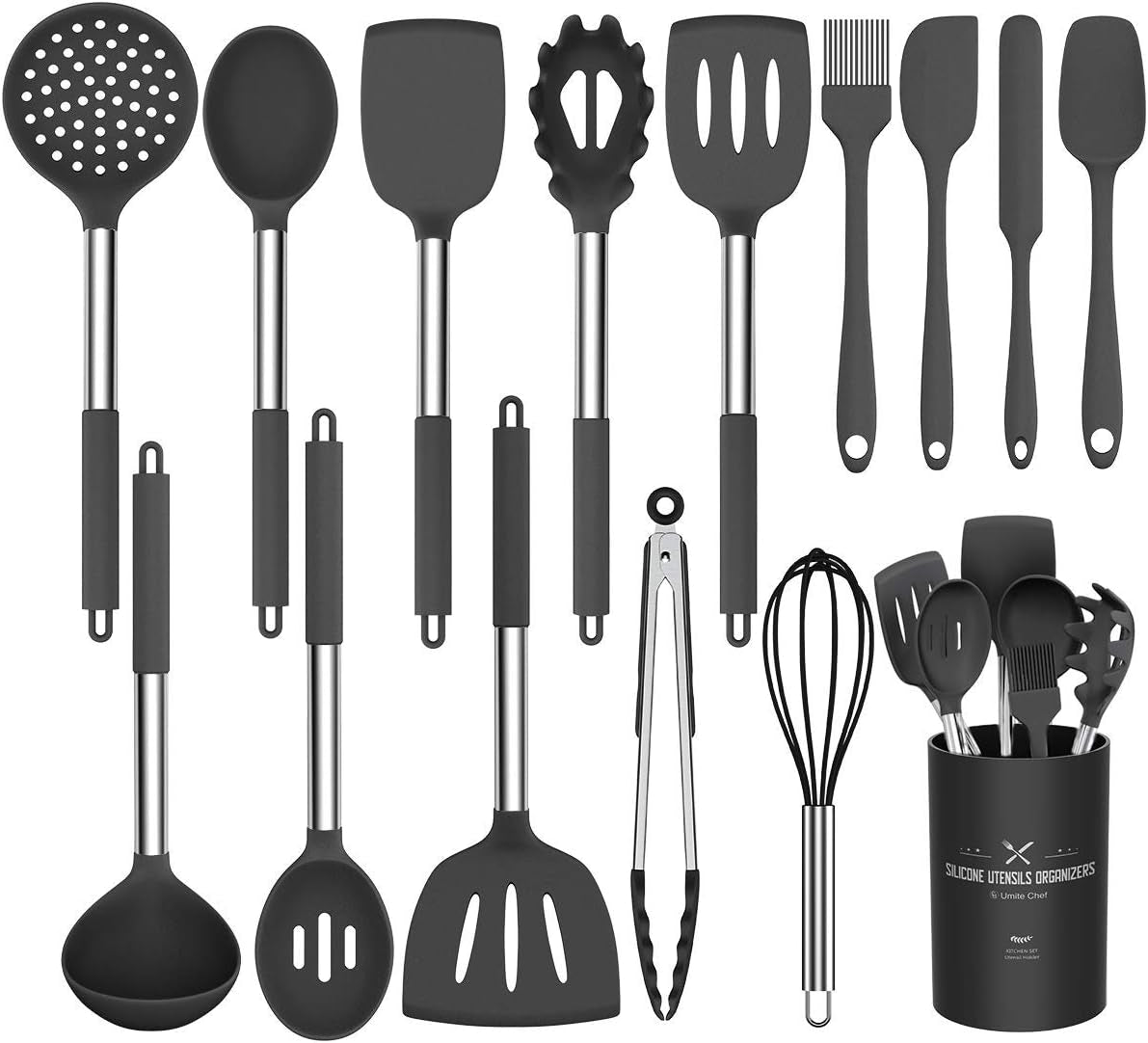 Silicone Cooking Utensil Set,  15Pcs Silicone Cooking Kitchen Utensils Set, Non-Stick - Best Kitchen Cookware with Stainless Steel Handle - Black