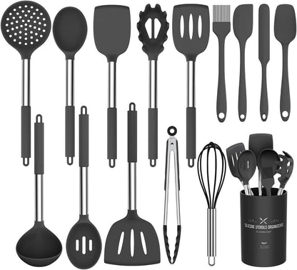 Silicone Cooking Utensil Set,  15Pcs Silicone Cooking Kitchen Utensils Set, Non-Stick - Best Kitchen Cookware with Stainless Steel Handle - Black