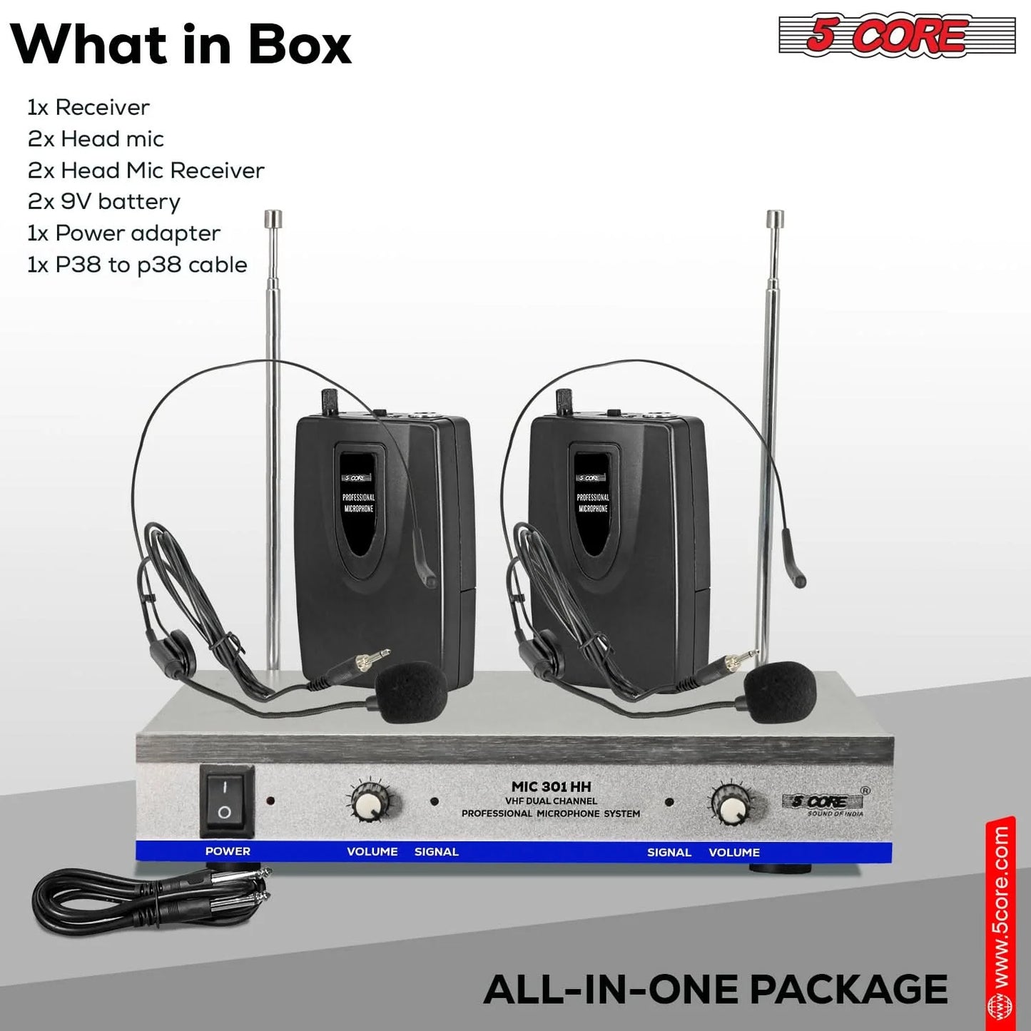 5Core Wireless Microphones W 2 Headset Portable Mini Microfono Inalambricos + Receiver 165Ft Range