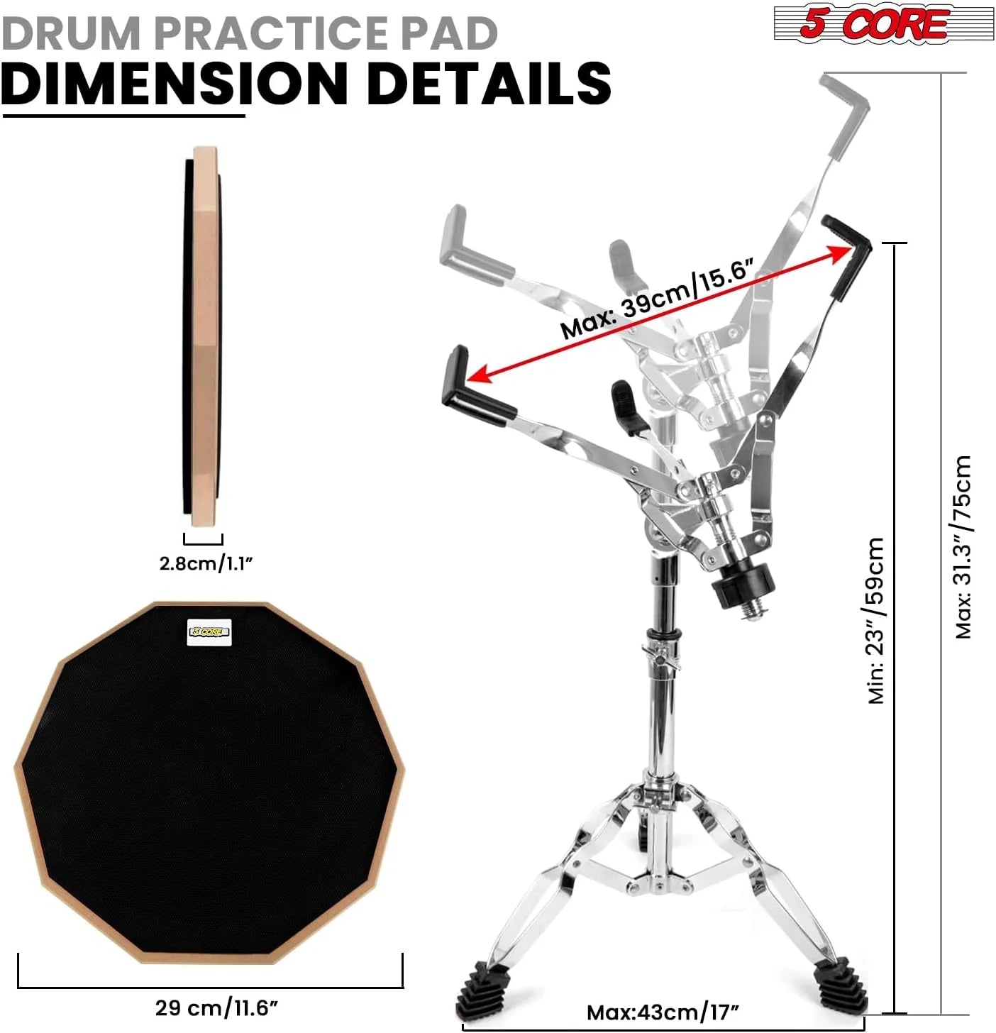 5Core Drum Throne Adjustable Guitar Stool Padded Seat + Drum Practice Pad Snare Drumming Stand