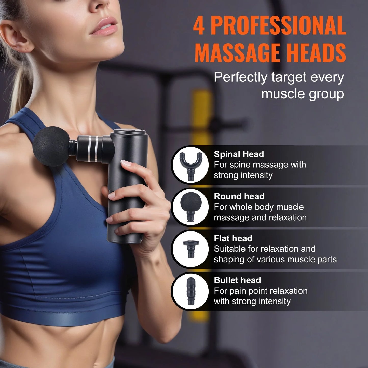 VEVOR Massage Gun Deep Tissue, Percussion Mini Muscle Massage Gun for Athletes - with 4 Speed Levels & 4 Massage Heads, 12V 2500Mah Batteries, Handheld Massage Gun for Pain Relief, Muscle Relaxation