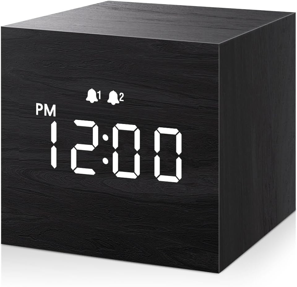 Digital Alarm Clock, with Wooden Electronic LED Time Display, Dual Alarm, 2.5-Inch Cubic Small Mini Wood Made Electric Clocks for Bedroom, Bedside, Desk, Black