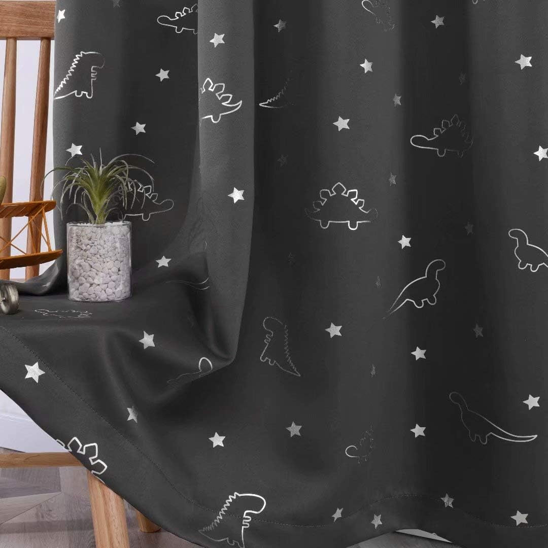 Dinosaur and Star Foil Print Blackout Curtains for Kids Room - Thermal Insulated Curtains Noise Reducing Window Drapes for Boys and Girls Bedroom, 52 X 63 Inch, Grey, Set of 2 Panels