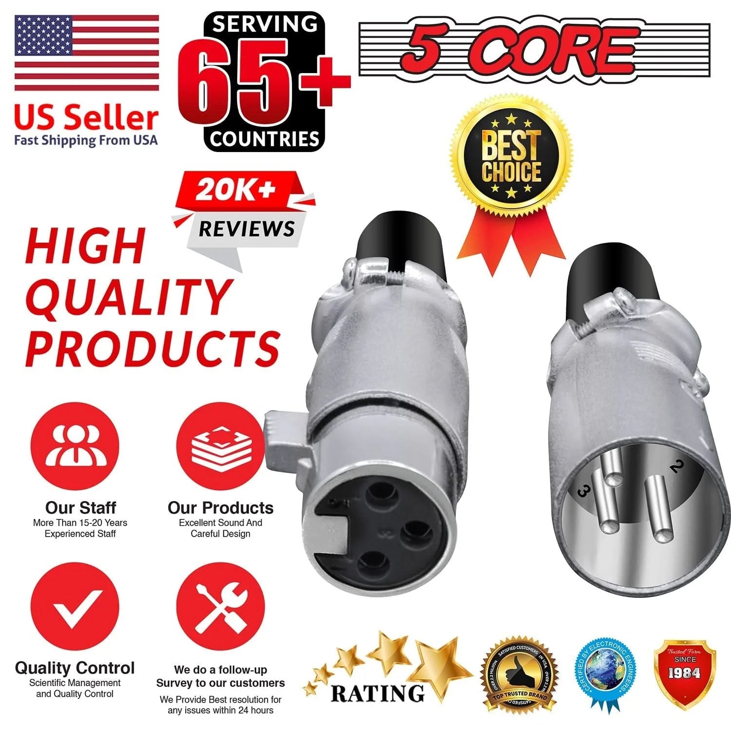 5Core XLR Connector Male Female to 1/4 Audio Jack 3 Pin Secure Mic Plug W Locking Ends