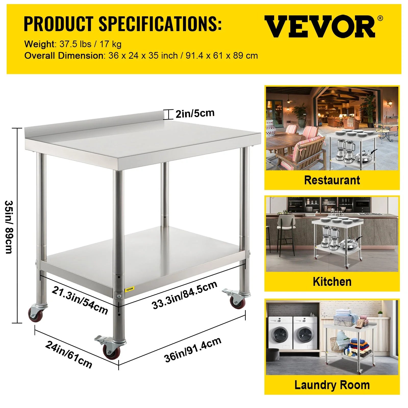 Upgrade your kitchen game with the VEVOR Heavy Duty Stainless Steel Prep Table! Perfect for restaurants, this 36"x24" workstation supports up to 440lbs and features an adjustable undershelf and 4 smooth-rolling casters for ultimate convenience. #KitchenGoals #VEVOR