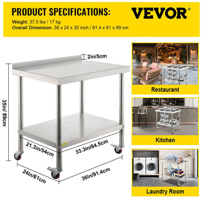 Upgrade your kitchen game with the VEVOR Heavy Duty Stainless Steel Prep Table! Perfect for restaurants, this 36"x24" workstation supports up to 440lbs and features an adjustable undershelf and 4 smooth-rolling casters for ultimate convenience. #KitchenGoals #VEVOR