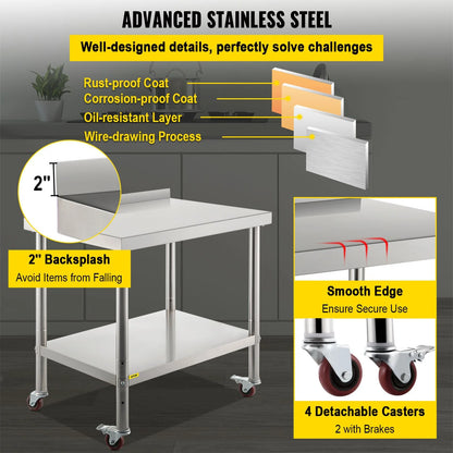 Upgrade your kitchen game with the VEVOR Heavy Duty Stainless Steel Prep Table! Perfect for restaurants, this 36"x24" workstation supports up to 440lbs and features an adjustable undershelf and 4 smooth-rolling casters for ultimate convenience. #KitchenGoals #VEVOR