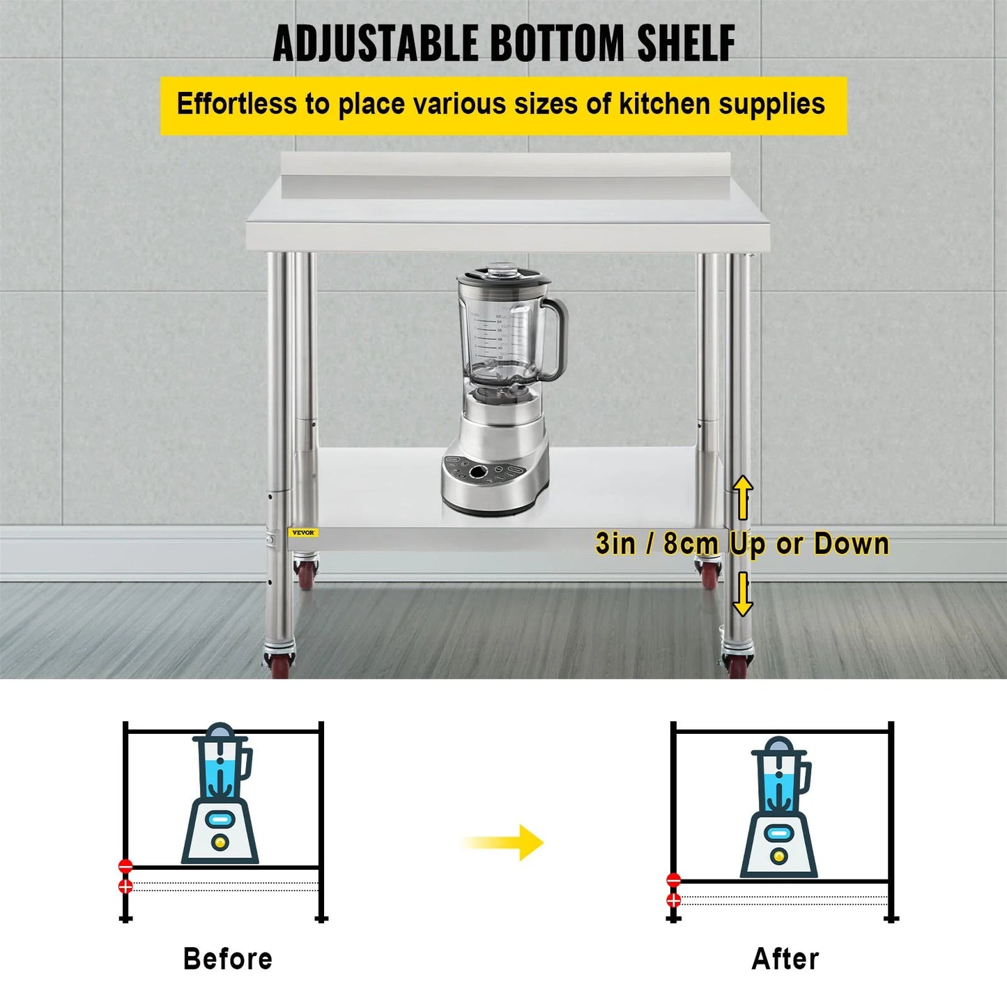 Upgrade your kitchen game with the VEVOR Heavy Duty Stainless Steel Prep Table! Perfect for restaurants, this 36"x24" workstation supports up to 440lbs and features an adjustable undershelf and 4 smooth-rolling casters for ultimate convenience. #KitchenGoals #VEVOR