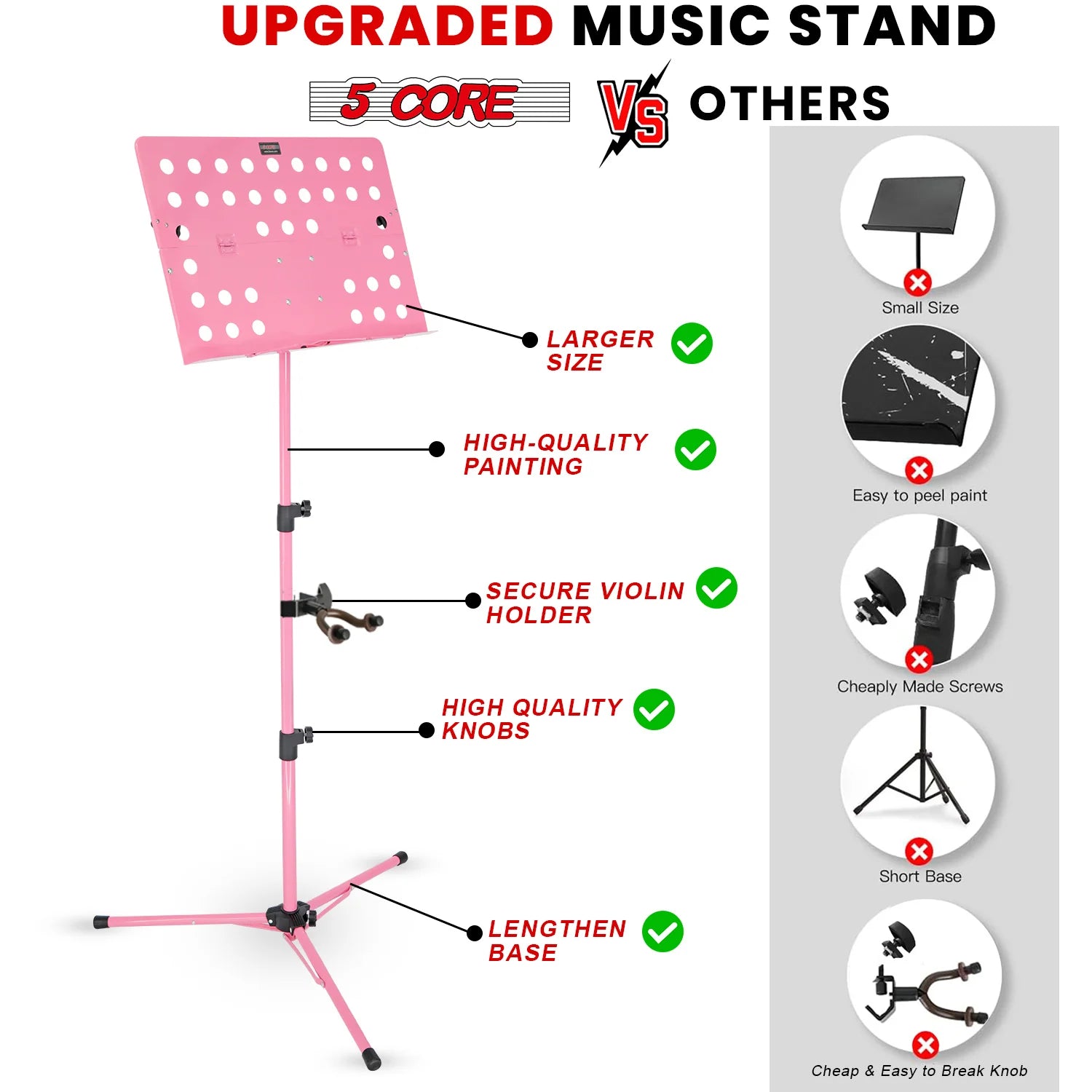 5Core Music Stand for Sheet Music Portable Tripod Adjustable Folding Note Holder PINK