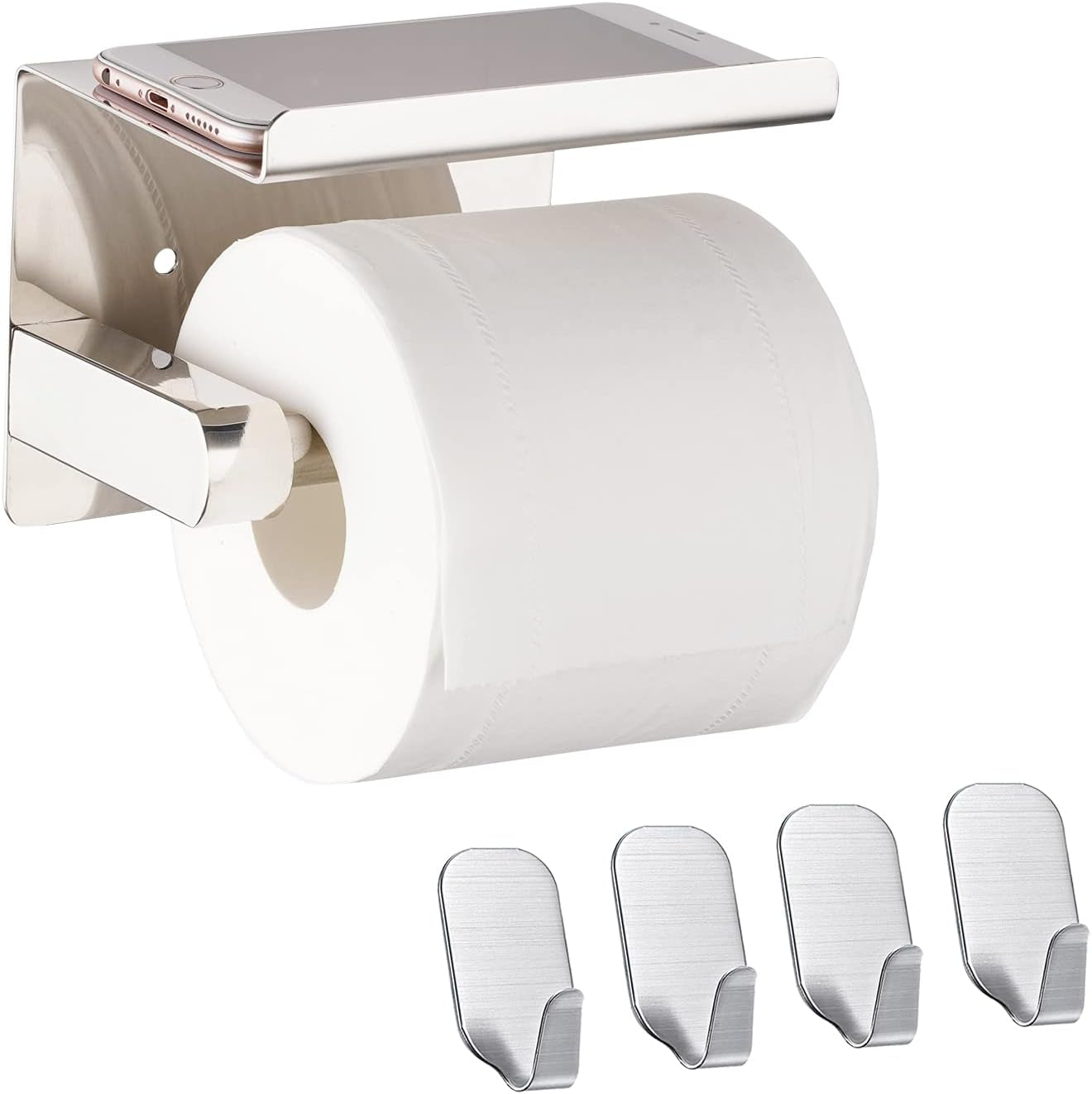 Adhesive Toilet Paper Holder with Shelf + Adhesive Hook (4 Pack), Toilet Tissue Roll Holder with Anti-Drop Phone Shelf, Stainless Steel, No Drilling or Wall-Mounted with Screws, Polished Chrome