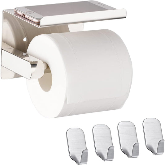 Adhesive Toilet Paper Holder with Shelf + Adhesive Hook (4 Pack), Toilet Tissue Roll Holder with Anti-Drop Phone Shelf, Stainless Steel, No Drilling or Wall-Mounted with Screws, Polished Chrome